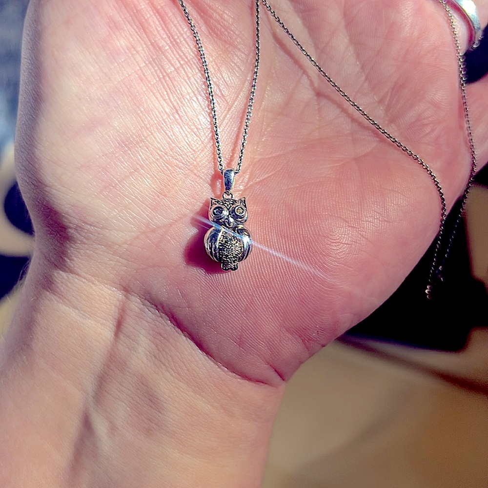 Sterling Silver Owl Pendant Necklace Adorned w/Swarovski Crystal Eyes